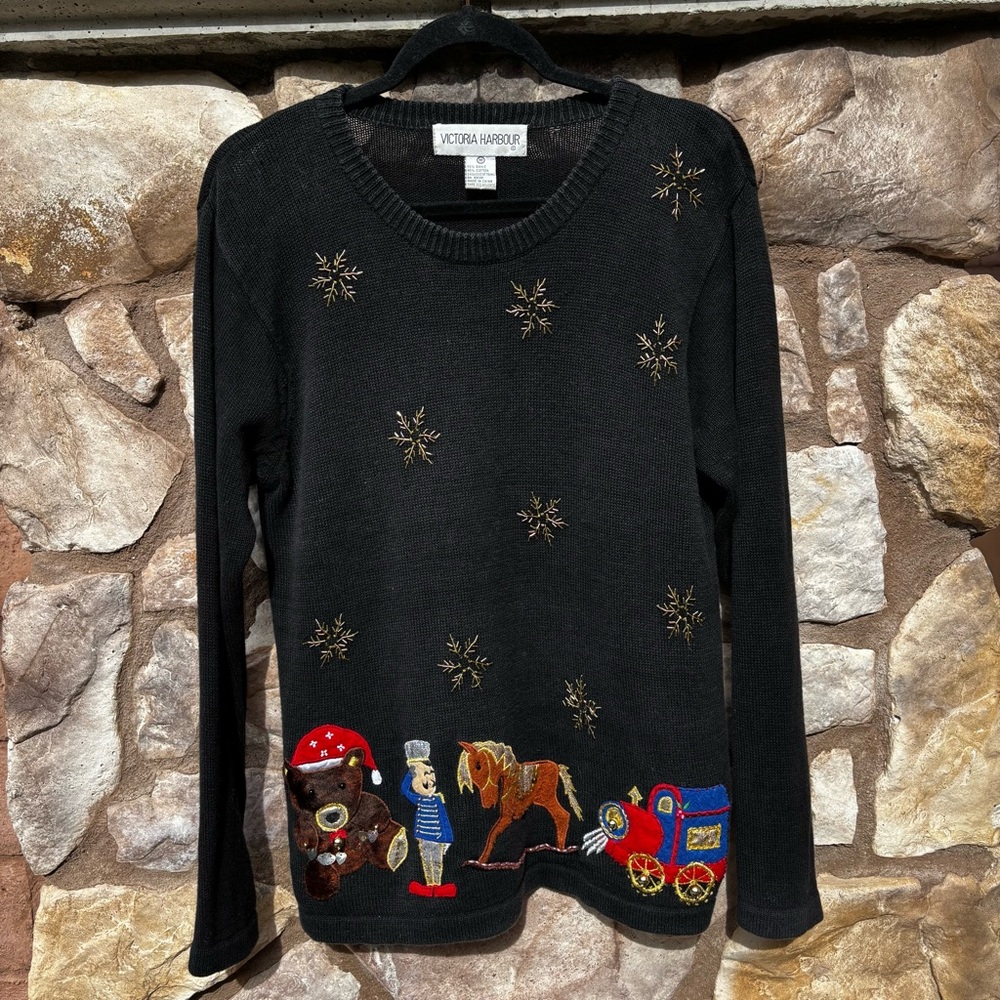 Vintage Victoria Harbour Christmas Sweater Medium Beaded Embroidered Black
